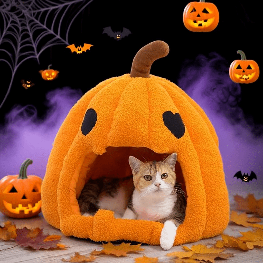 Kürbis - Bett – Süßes Halloween - Haustierbett für Katzen & Hunde, mit herausnehmbarem Kissen, warm, gemütlich & ganzjährig nutzbar - fellfunk.de
