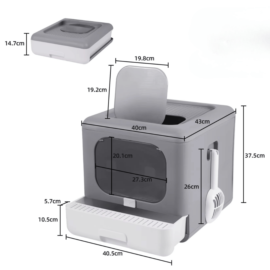 Fellfunk SmartLoo – Faltbare, geschlossene Katzentoilette mit Siebschale, Front - Einstieg & Streuschaufel, leicht zu reinigen - fellfunk.de
