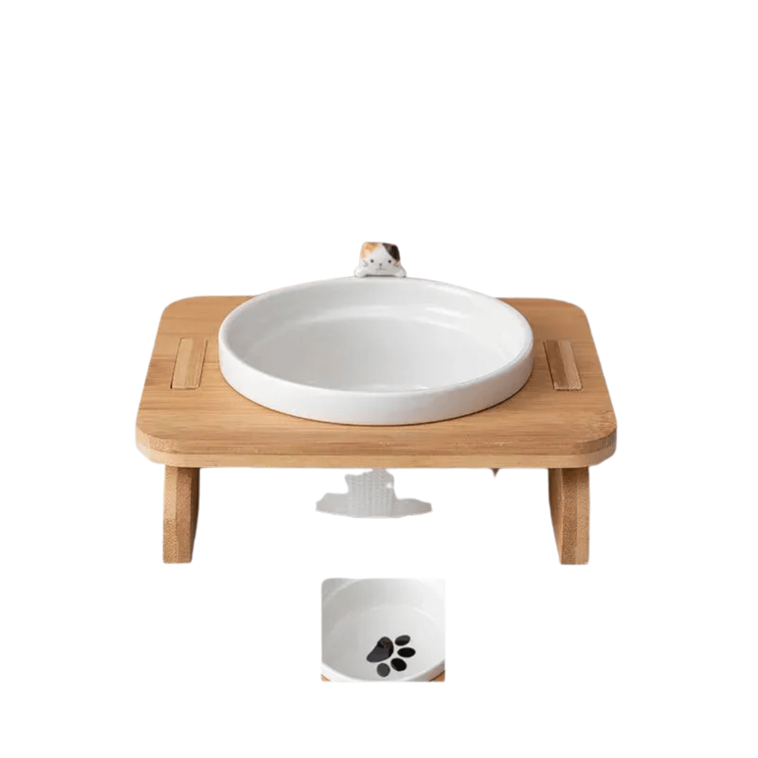 FellFunk Katzen - Doppelnapf – Keramik Futternäpfe mit Holzständer, erhöht & ergonomisch für Wasser und Futter - fellfunk.de