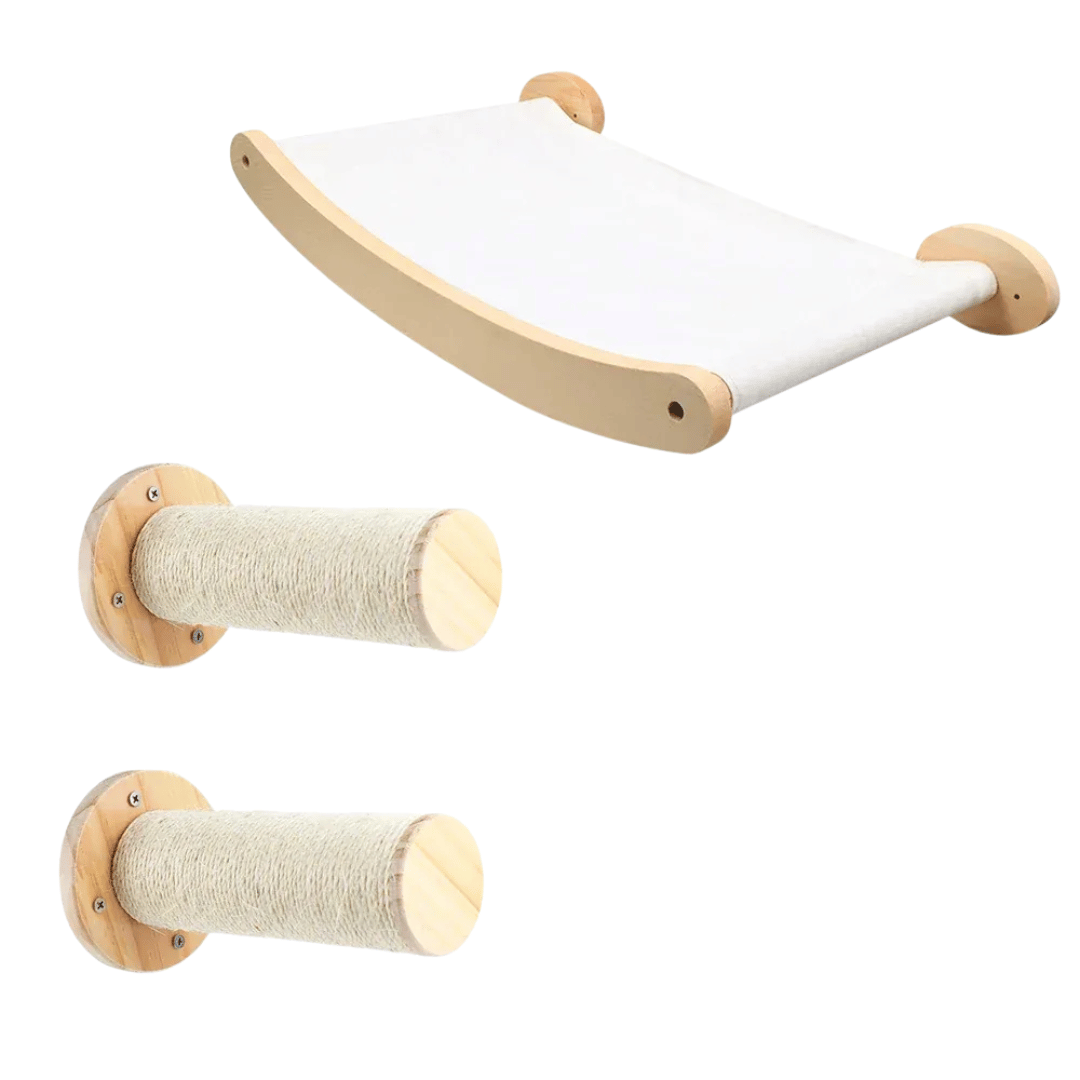 FellFunk Wand - Katzenbaum – Wandregale mit Kratzstamm, Hängematte, Kletterplattform & Seilleiter aus Holz - fellfunk.de