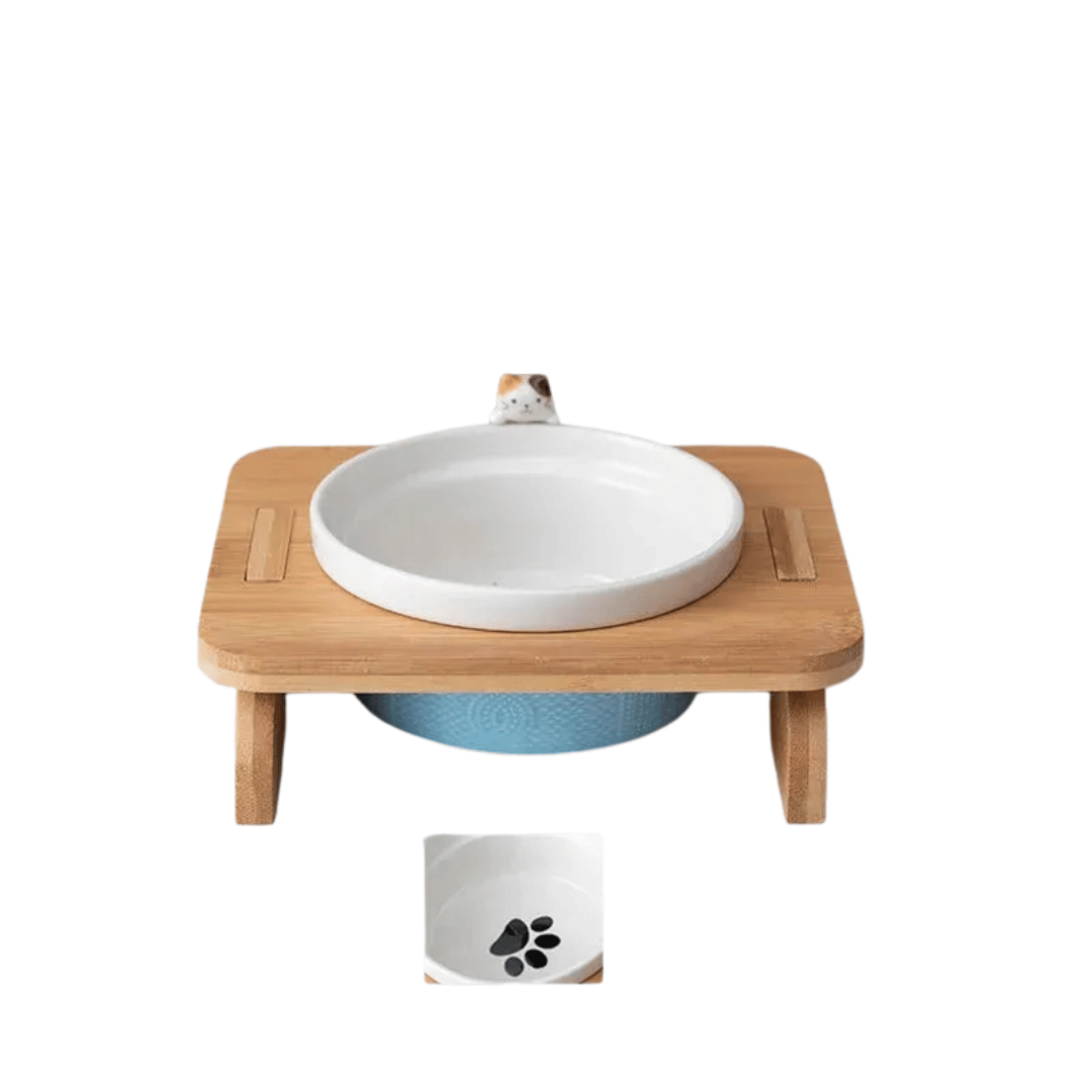 FellFunk Katzen - Doppelnapf – Keramik Futternäpfe mit Holzständer, erhöht & ergonomisch für Wasser und Futter - fellfunk.de