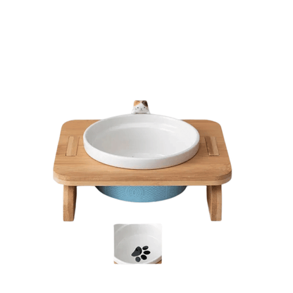 FellFunk Katzen - Doppelnapf – Keramik Futternäpfe mit Holzständer, erhöht & ergonomisch für Wasser und Futter - fellfunk.de