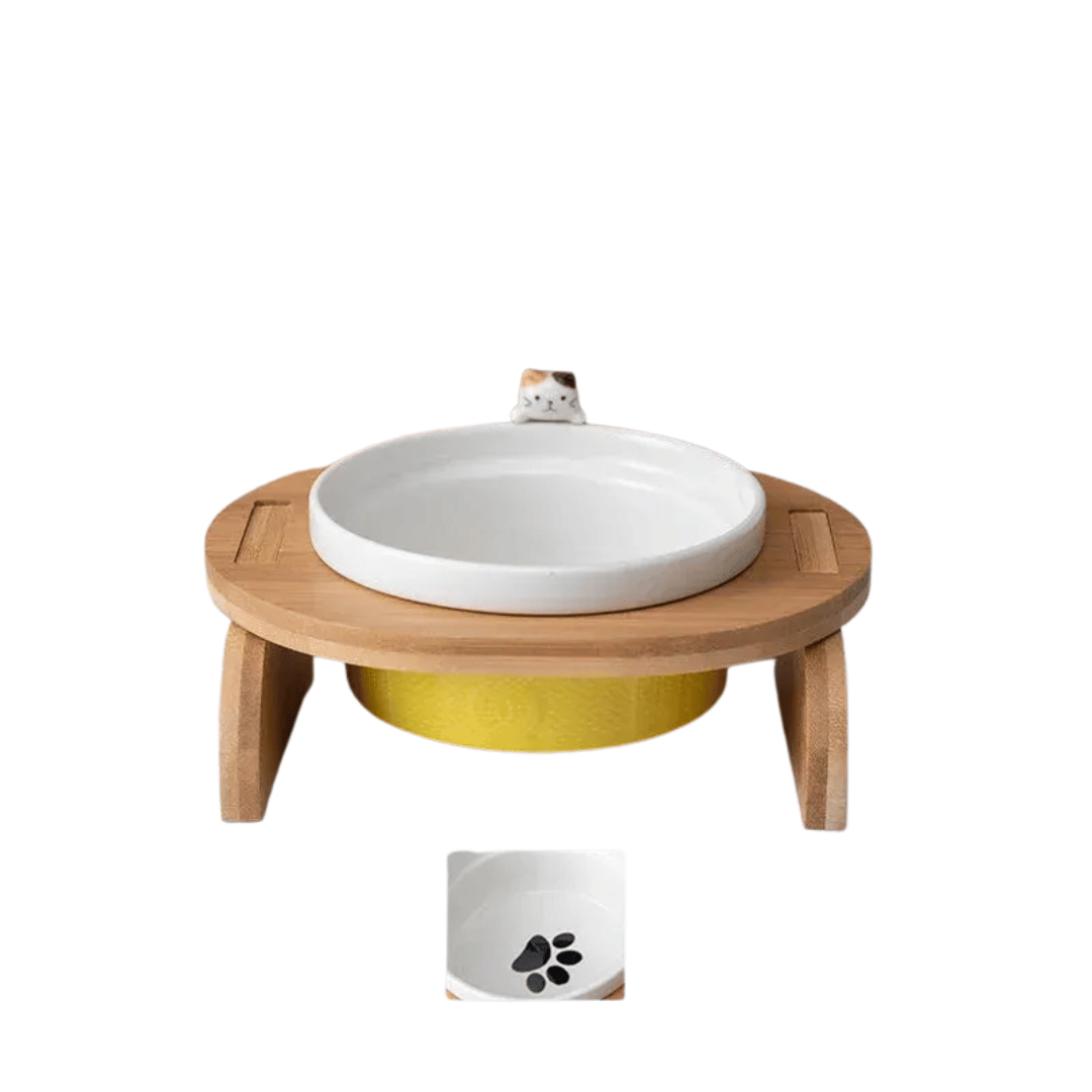 FellFunk Katzen - Doppelnapf – Keramik Futternäpfe mit Holzständer, erhöht & ergonomisch für Wasser und Futter - fellfunk.de