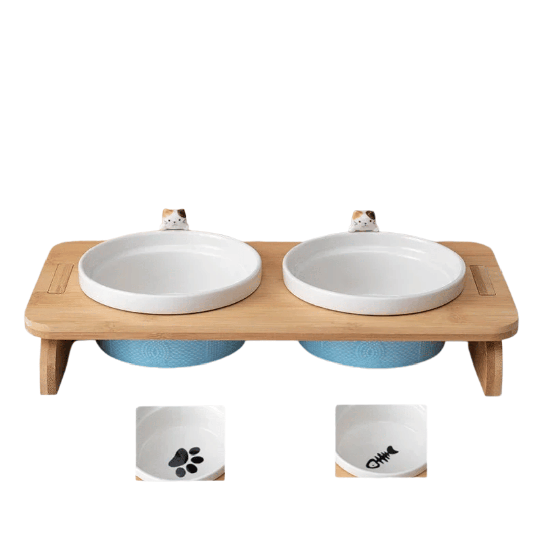 FellFunk Katzen - Doppelnapf – Keramik Futternäpfe mit Holzständer, erhöht & ergonomisch für Wasser und Futter - fellfunk.de