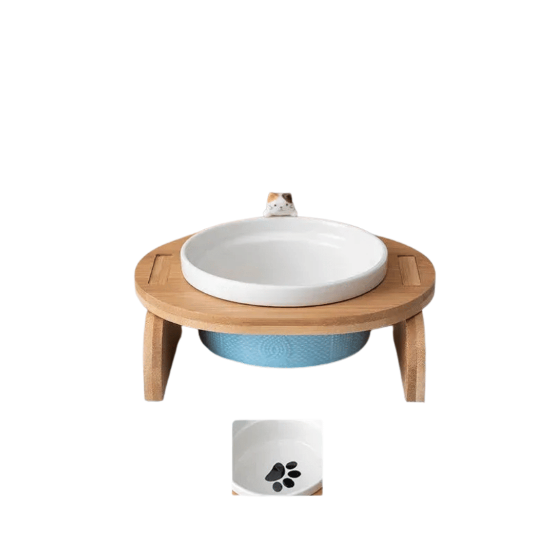 FellFunk Katzen - Doppelnapf – Keramik Futternäpfe mit Holzständer, erhöht & ergonomisch für Wasser und Futter - fellfunk.de