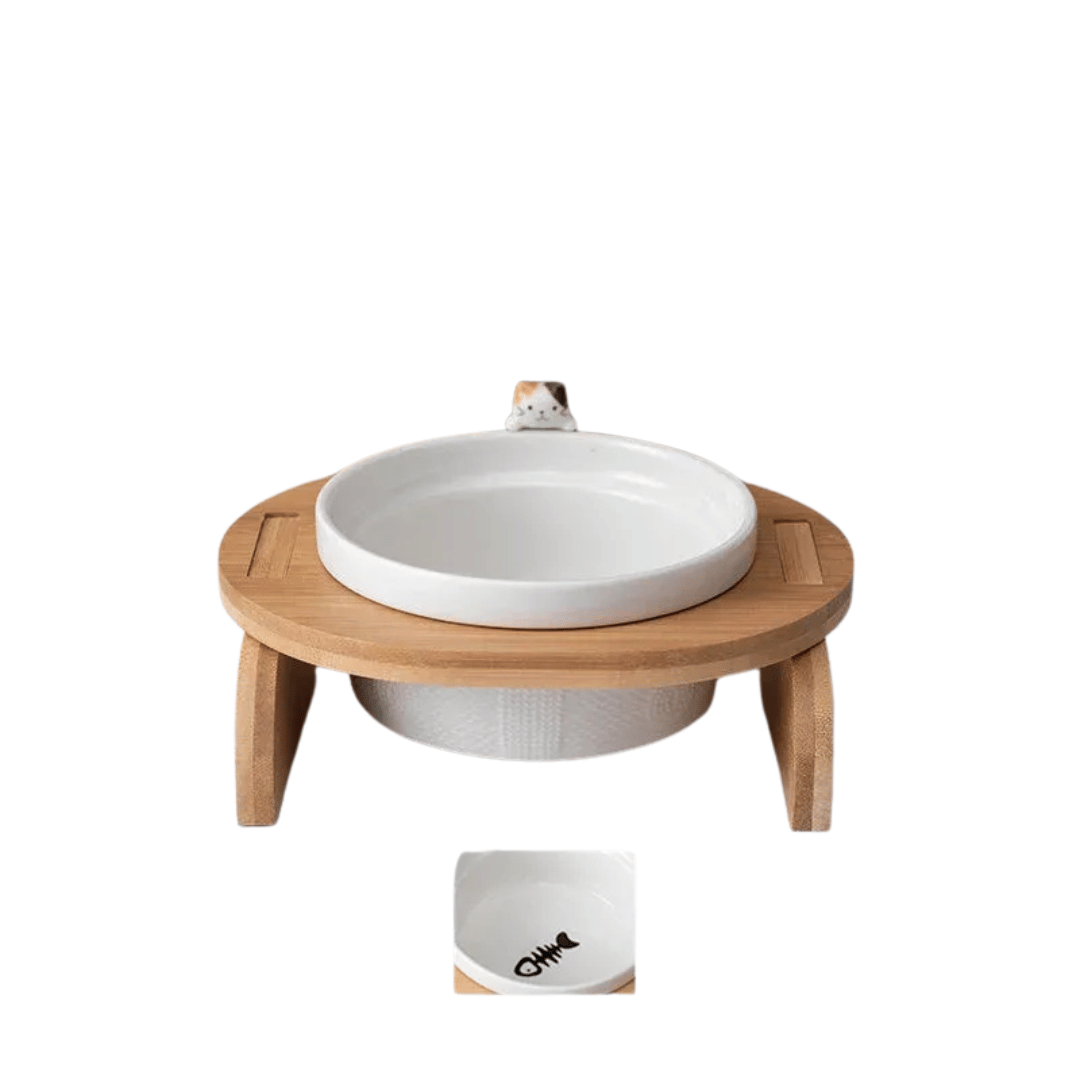 FellFunk Katzen - Doppelnapf – Keramik Futternäpfe mit Holzständer, erhöht & ergonomisch für Wasser und Futter - fellfunk.de