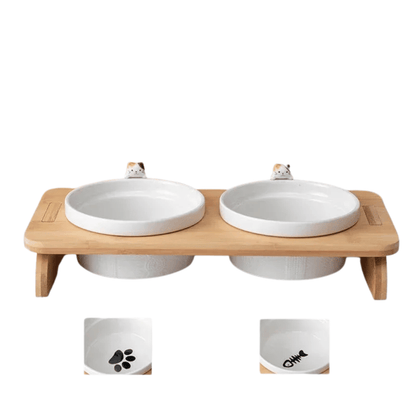 FellFunk Katzen - Doppelnapf – Keramik Futternäpfe mit Holzständer, erhöht & ergonomisch für Wasser und Futter - fellfunk.de
