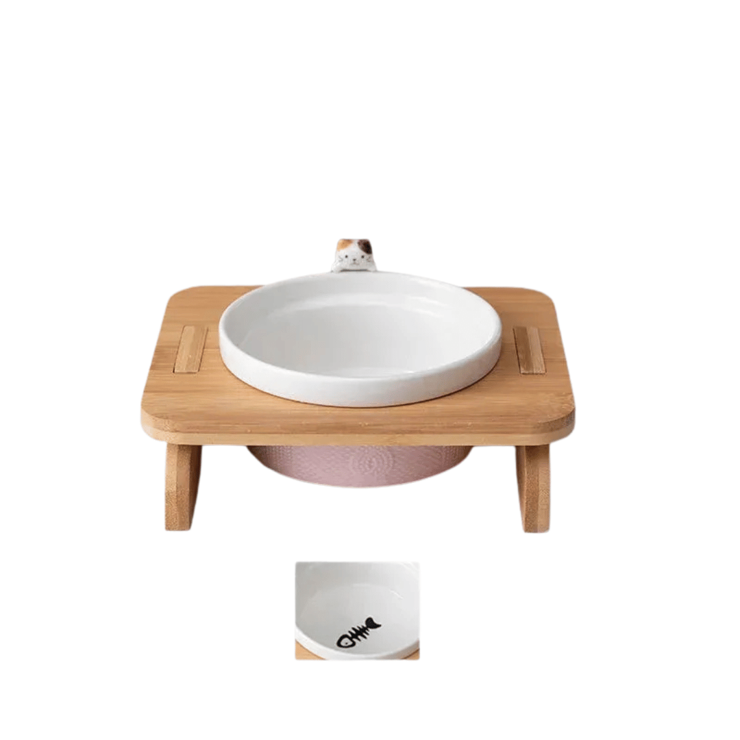 FellFunk Katzen - Doppelnapf – Keramik Futternäpfe mit Holzständer, erhöht & ergonomisch für Wasser und Futter - fellfunk.de