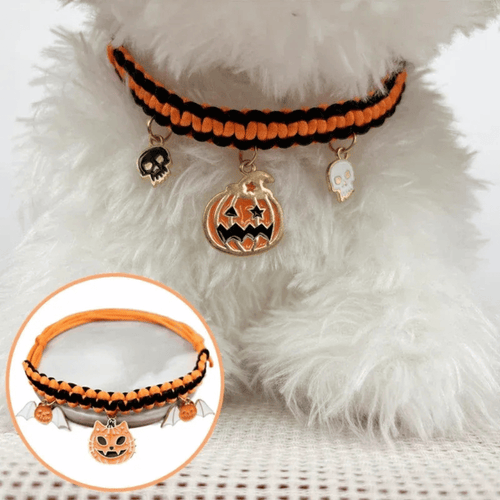 Halloween Halsband – Handgefertigtes Breakaway - Halsband für Katzen & kleine Hunde mit Kürbis - & Geisteranhänger, sicher & stylisch - fellfunk.de