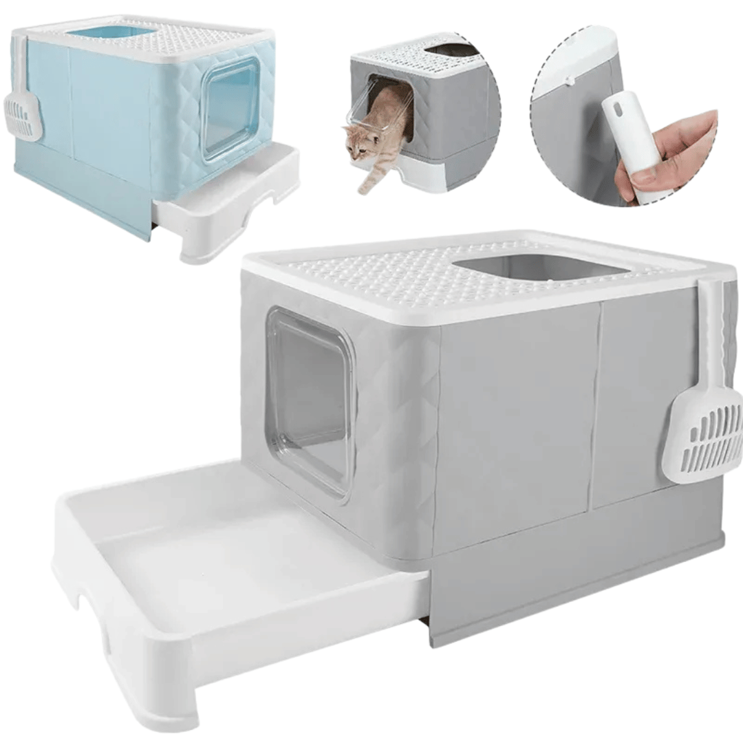 Fellfunk FoldBox XL – Faltbare, geschlossene Katzentoilette mit Deckel & Schaufel für große Katzen, geruchsarm & platzsparend - fellfunk.de