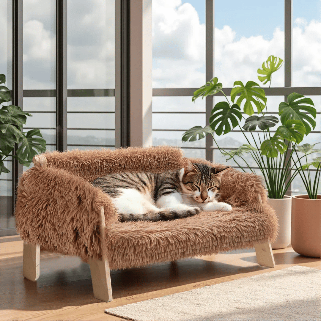 Katzen - Sofa – Erhöhtes Plüschbett mit stabilen Holzfüßen, weich & bequem für Wohnungskatzen, ideal zum Schlafen & Entspannen - fellfunk.de