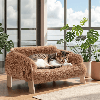 Katzen - Sofa – Erhöhtes Plüschbett mit stabilen Holzfüßen, weich & bequem für Wohnungskatzen, ideal zum Schlafen & Entspannen - fellfunk.de