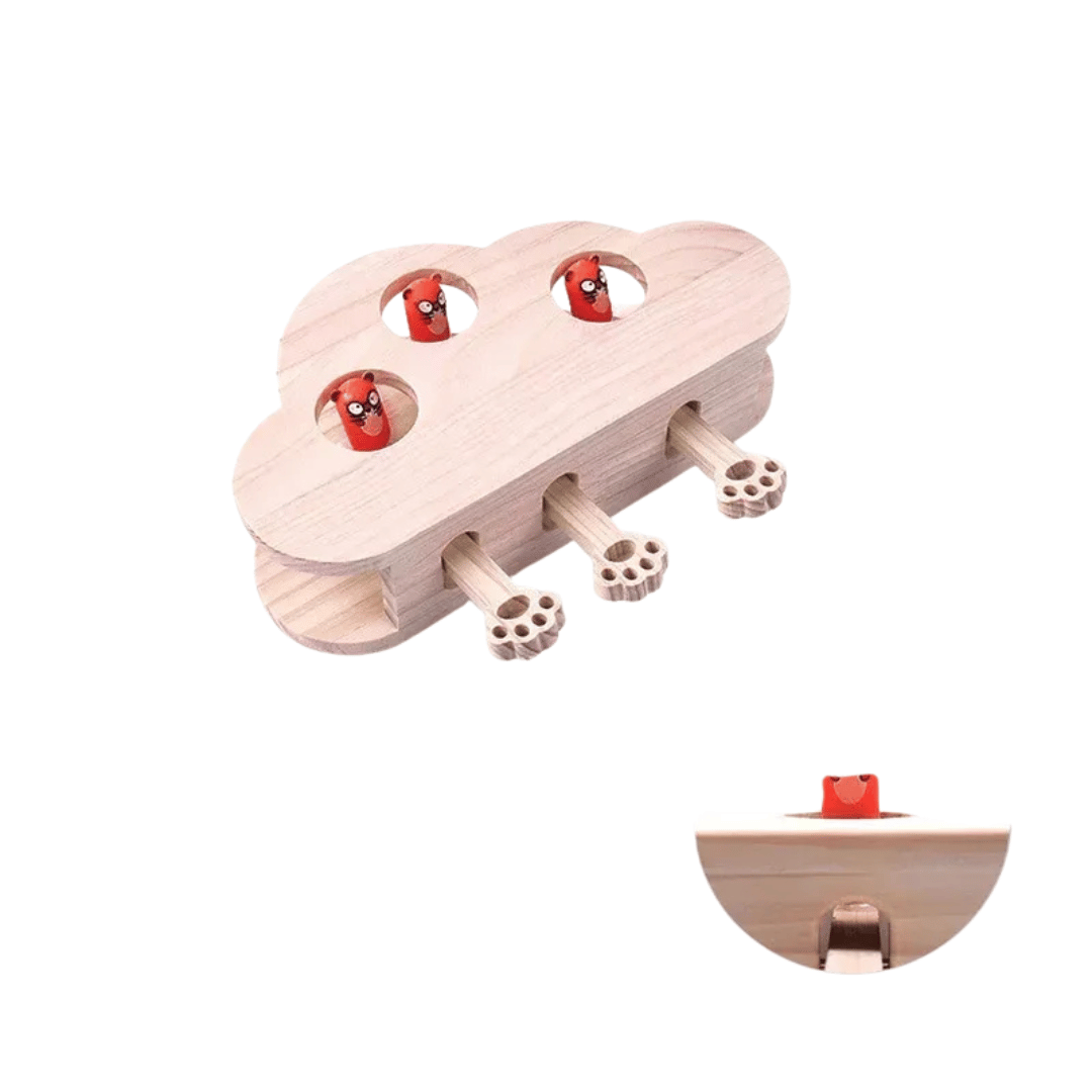 Fellfunk Holz - Spielbox „Whack - a - Mole“ – Interaktives Katzenspielzeug mit Mauselöchern zum Klopfen, Jagen & täglichen Jagdspaß drinnen - fellfunk.de