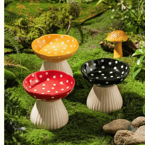 FellFunk Pilz - Katzennapf – Erhöhter Futternapf aus Kunstharz im Deko - Design – Nackenfreundlich für Futter & Wasser - fellfunk.de