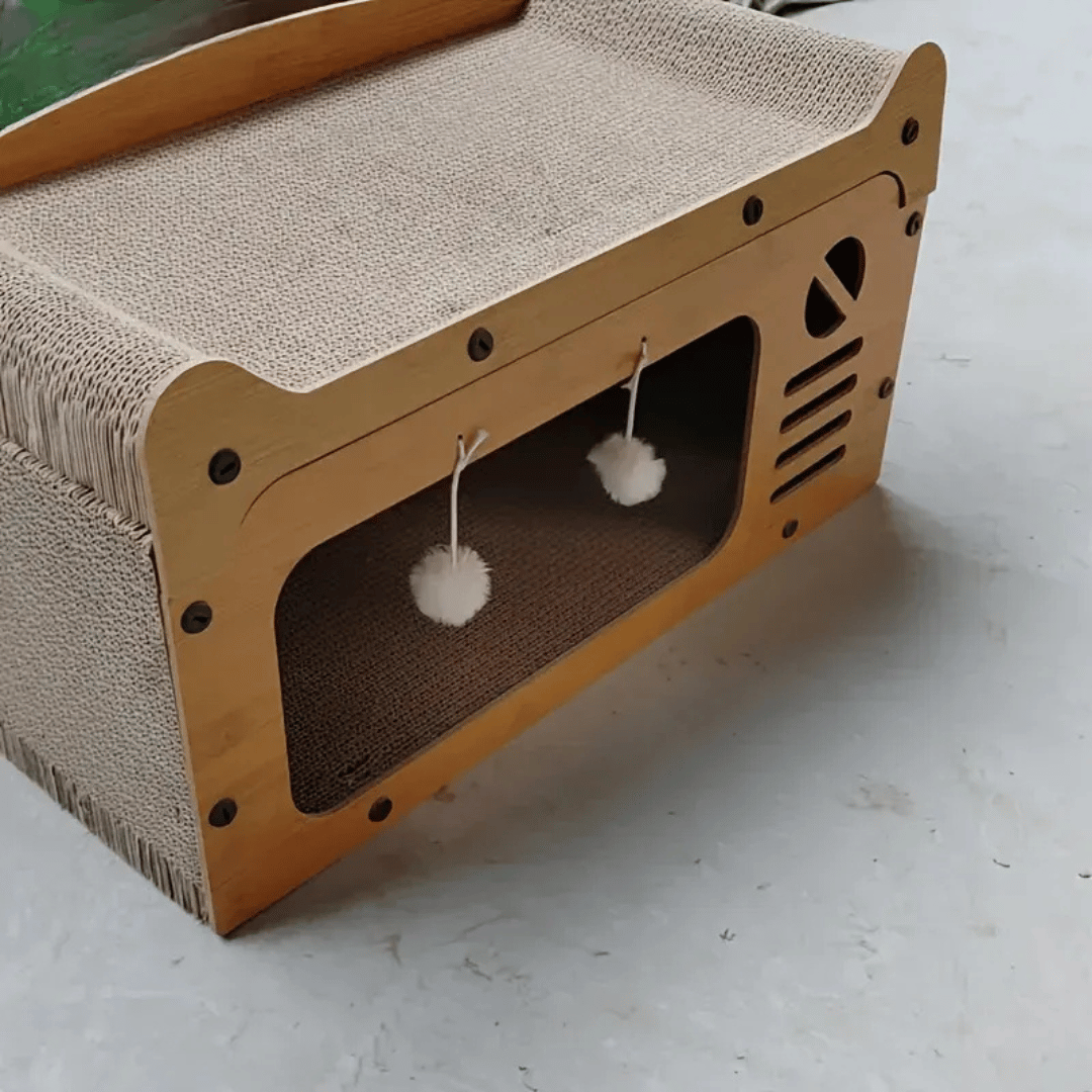 Katzen Kratzsofa – Robuste Pappe mit Kratzsäule & Spielzeug für aktives Indoor - Training - fellfunk.de