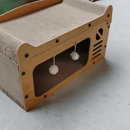 Katzen Kratzsofa – Robuste Pappe mit Kratzsäule & Spielzeug für aktives Indoor - Training - fellfunk.de