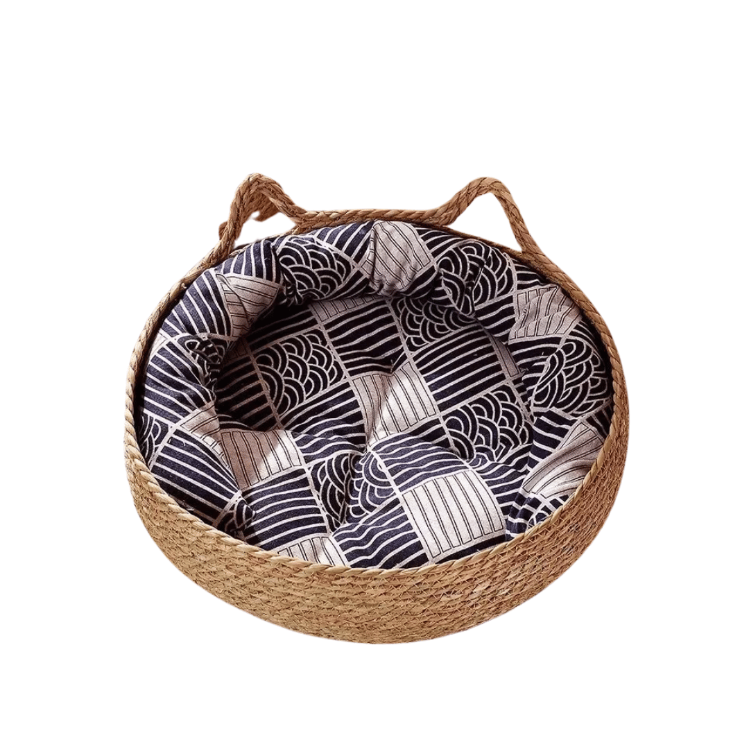 Katzenliege WovenHaven – Rundes Katzenbett aus Korbgeflecht mit flauschigem Kissen für Komfort & Natürlichkeit im Zuhause - fellfunk.de