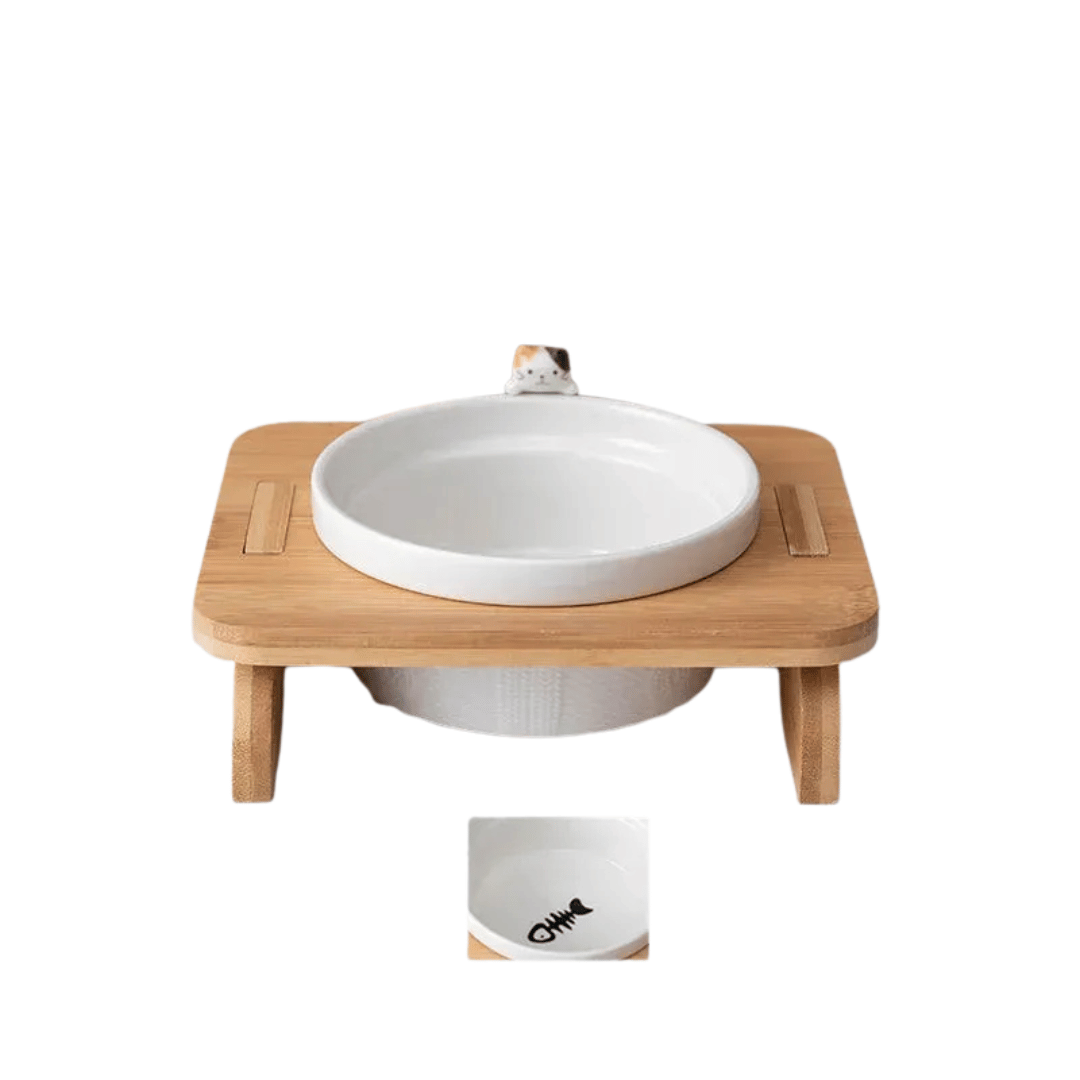 FellFunk Katzen - Doppelnapf – Keramik Futternäpfe mit Holzständer, erhöht & ergonomisch für Wasser und Futter - fellfunk.de