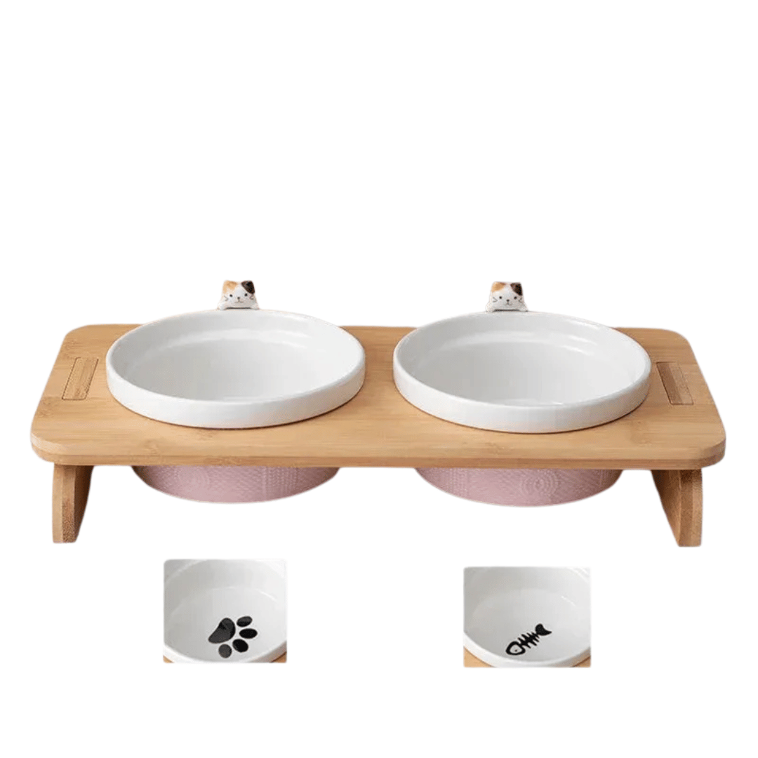 FellFunk Katzen - Doppelnapf – Keramik Futternäpfe mit Holzständer, erhöht & ergonomisch für Wasser und Futter - fellfunk.de