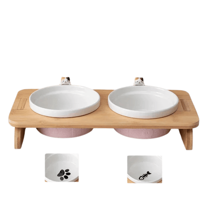 FellFunk Katzen - Doppelnapf – Keramik Futternäpfe mit Holzständer, erhöht & ergonomisch für Wasser und Futter - fellfunk.de