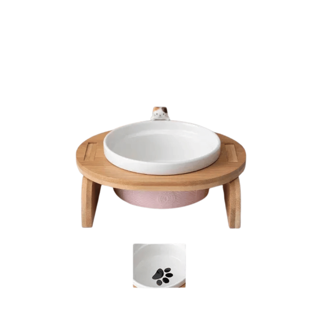 FellFunk Katzen - Doppelnapf – Keramik Futternäpfe mit Holzständer, erhöht & ergonomisch für Wasser und Futter - fellfunk.de