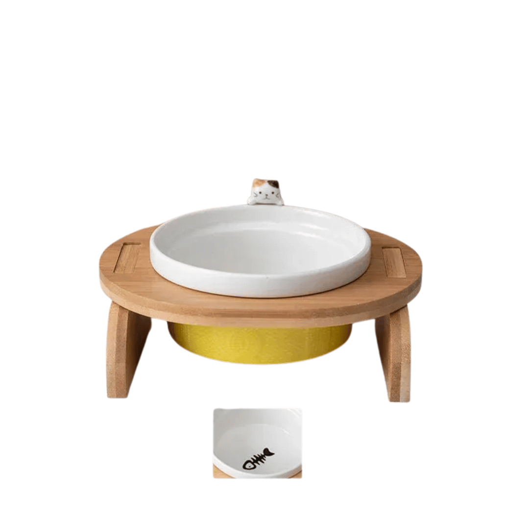 FellFunk Katzen - Doppelnapf – Keramik Futternäpfe mit Holzständer, erhöht & ergonomisch für Wasser und Futter - fellfunk.de