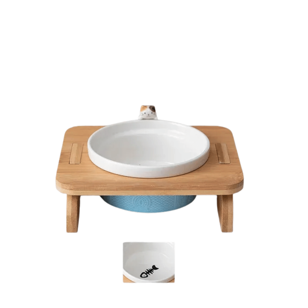 FellFunk Katzen - Doppelnapf – Keramik Futternäpfe mit Holzständer, erhöht & ergonomisch für Wasser und Futter - fellfunk.de