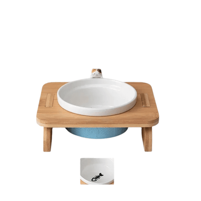 FellFunk Katzen - Doppelnapf – Keramik Futternäpfe mit Holzständer, erhöht & ergonomisch für Wasser und Futter - fellfunk.de