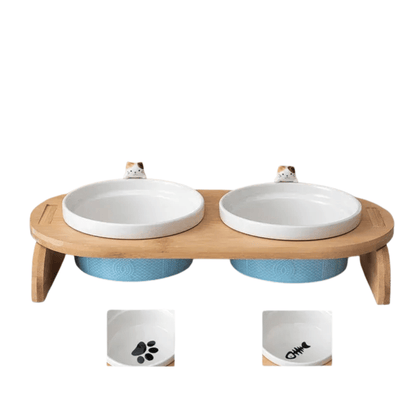 FellFunk Katzen - Doppelnapf – Keramik Futternäpfe mit Holzständer, erhöht & ergonomisch für Wasser und Futter - fellfunk.de