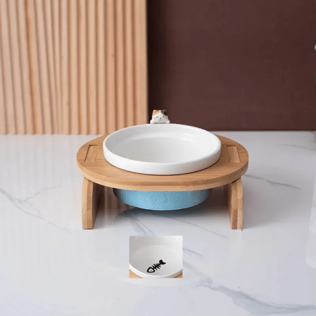 FellFunk Katzen - Doppelnapf – Keramik Futternäpfe mit Holzständer, erhöht & ergonomisch für Wasser und Futter - fellfunk.de