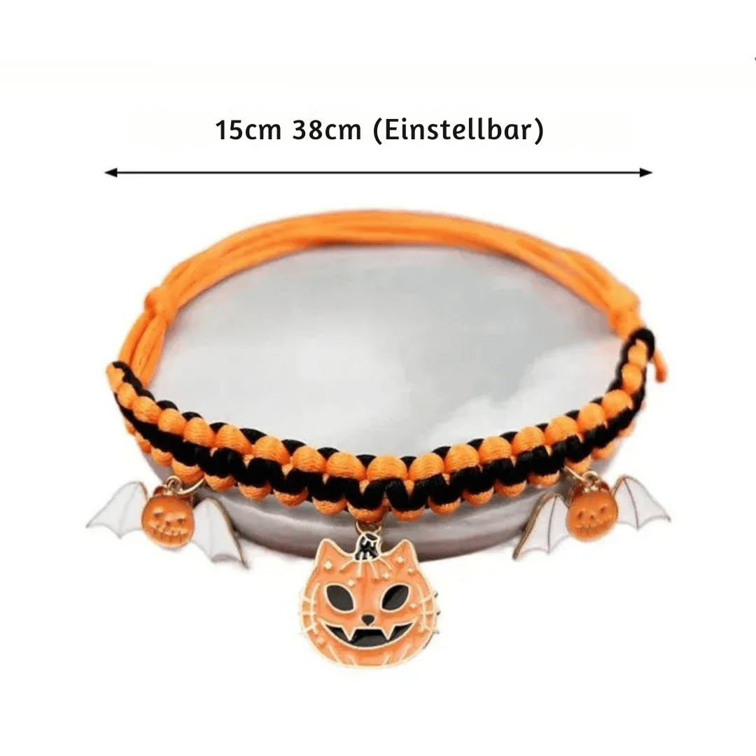 Halloween Halsband – Handgefertigtes Breakaway - Halsband für Katzen & kleine Hunde mit Kürbis - & Geisteranhänger, sicher & stylisch - fellfunk.de