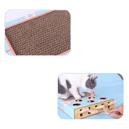 Fellfunk 3 - in - 1 Intelligenzspielzeug – Interaktive Spielbox mit Gucklöchern, Mausjagd & Kratzfläche für aktive, neugierige Katzen - fellfunk.de