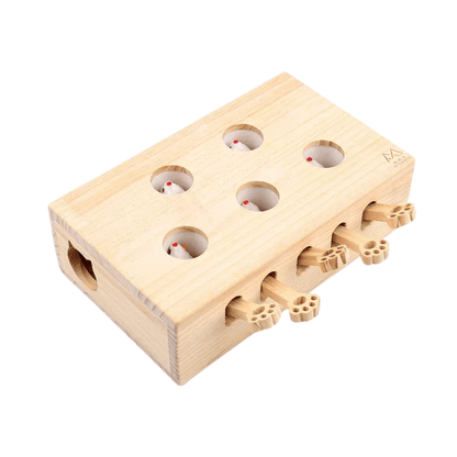 Fellfunk Holz - Spielbox „Whack - a - Mole“ – Interaktives Katzenspielzeug mit Mauselöchern zum Klopfen, Jagen & täglichen Jagdspaß drinnen - fellfunk.de