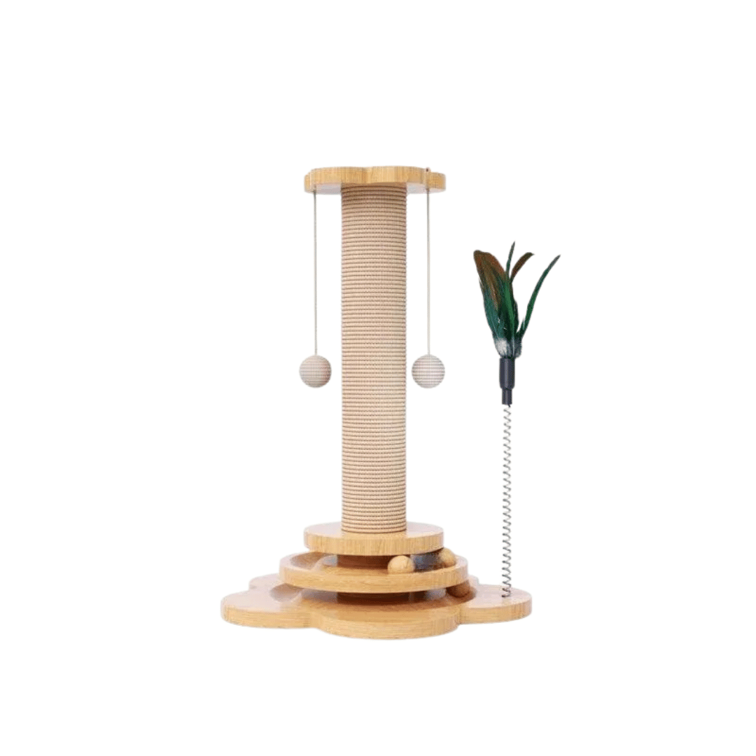 Fellfunk Spielturm für Katzen – Holz - Karussell mit Sisal - Kratzbrett & Bällen für Spielspaß, Krallenpflege & tägliche Katzenbeschäftigung - fellfunk.de