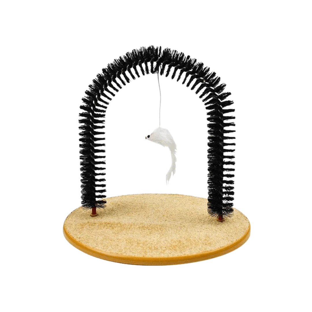 FellFunk Katzenbogen mit Massagebürste – Selbst - Grooming Spielzeug mit Kratzpad, Massage & Fellpflege in einem - fellfunk.de
