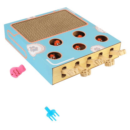 Fellfunk 3 - in - 1 Intelligenzspielzeug – Interaktive Spielbox mit Gucklöchern, Mausjagd & Kratzfläche für aktive, neugierige Katzen - fellfunk.de