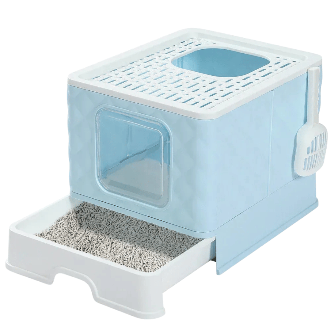 Fellfunk FoldBox XL – Faltbare, geschlossene Katzentoilette mit Deckel & Schaufel für große Katzen, geruchsarm & platzsparend - fellfunk.de