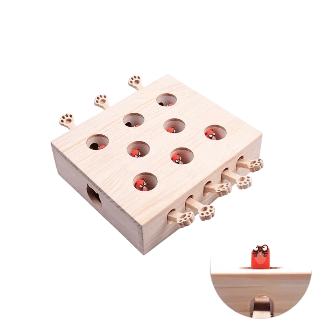Fellfunk Holz - Spielbox „Whack - a - Mole“ – Interaktives Katzenspielzeug mit Mauselöchern zum Klopfen, Jagen & täglichen Jagdspaß drinnen - fellfunk.de