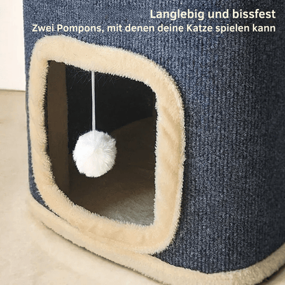 Katzenhöhle mit 2 Ebenen – Indoor Katzenhaus mit Spielzeug & Liegefläche - fellfunk.de