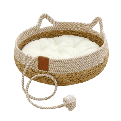 Rattan Katzenbett – Atmungsaktives Sommerbett mit herausnehmbarem Kissen, kratzfest, waschbar & ideal als gemütliches Katzenhaus - fellfunk.de