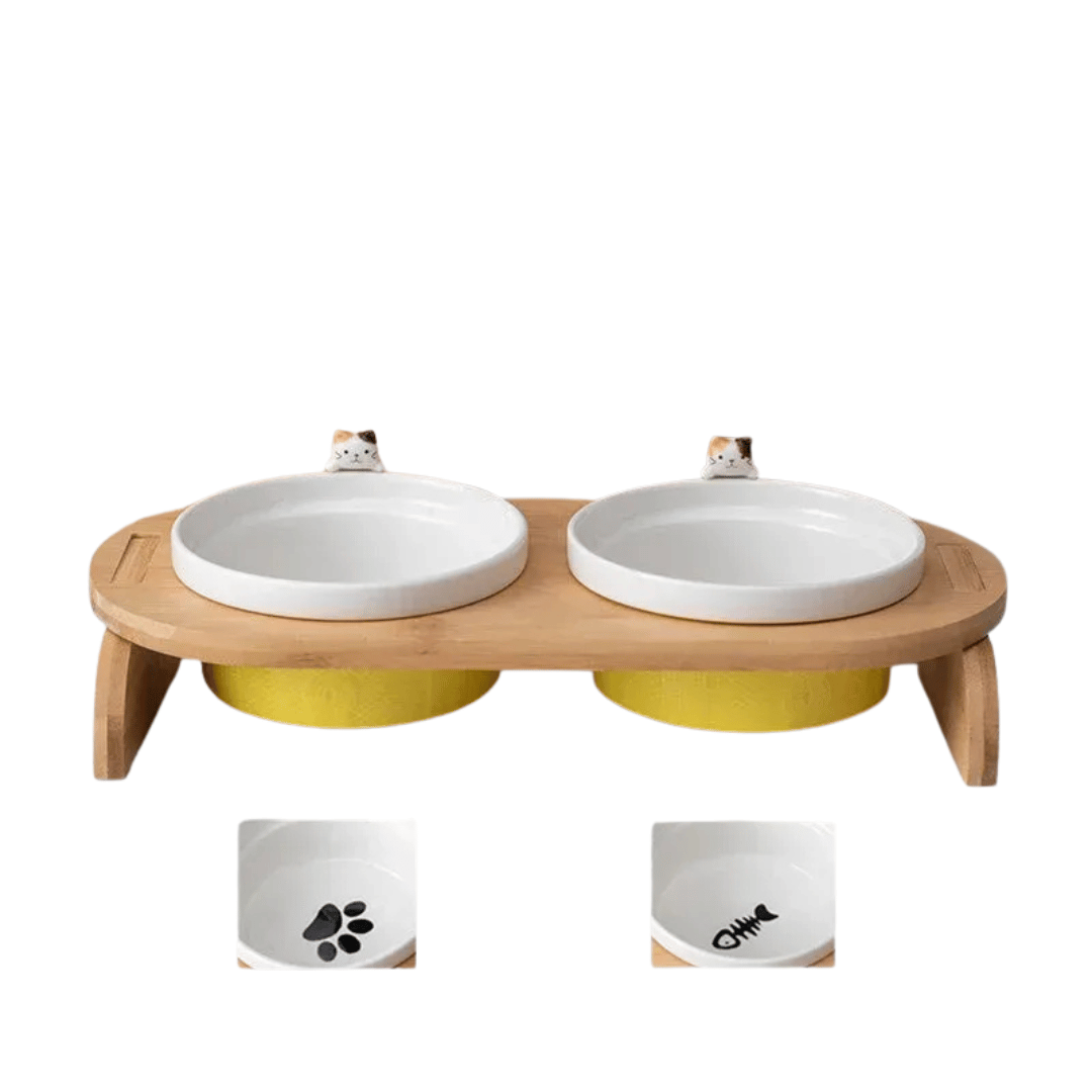 FellFunk Katzen - Doppelnapf – Keramik Futternäpfe mit Holzständer, erhöht & ergonomisch für Wasser und Futter - fellfunk.de