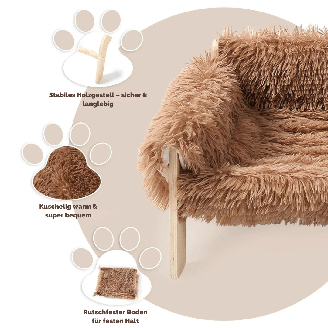 Katzen - Sofa – Erhöhtes Plüschbett mit stabilen Holzfüßen, weich & bequem für Wohnungskatzen, ideal zum Schlafen & Entspannen - fellfunk.de
