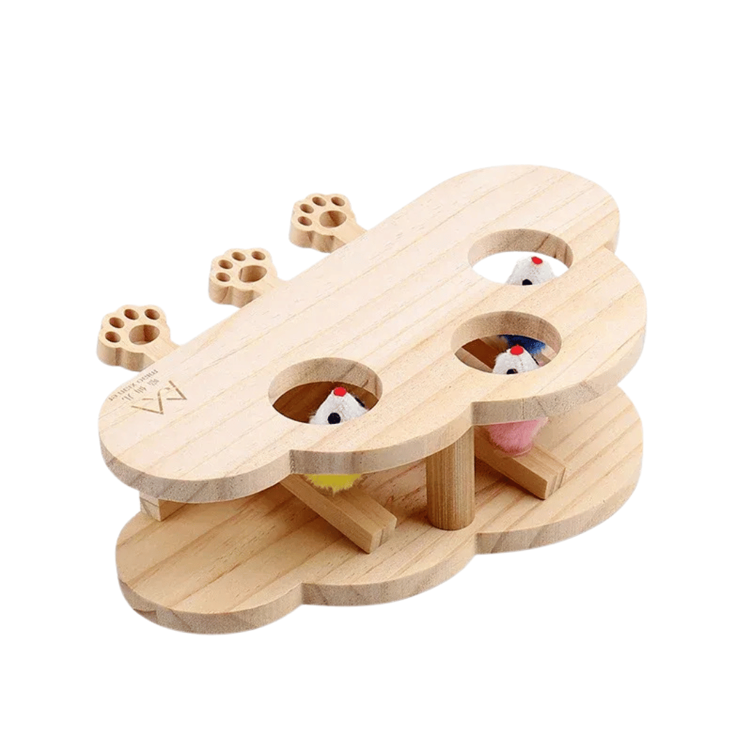 Fellfunk Holz - Spielbox „Whack - a - Mole“ – Interaktives Katzenspielzeug mit Mauselöchern zum Klopfen, Jagen & täglichen Jagdspaß drinnen - fellfunk.de