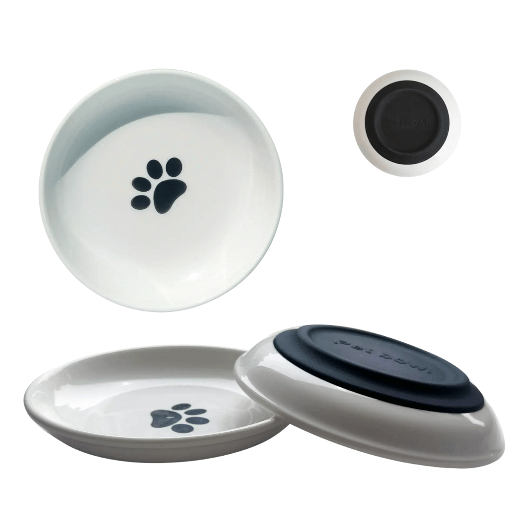 3er Keramiknapf - Set – Flache, breite Katzennäpfe gegen Schnurrhaar - Stress, ideal für Kitten & Katzen, für Futter & Wasser geeignet - fellfunk.de