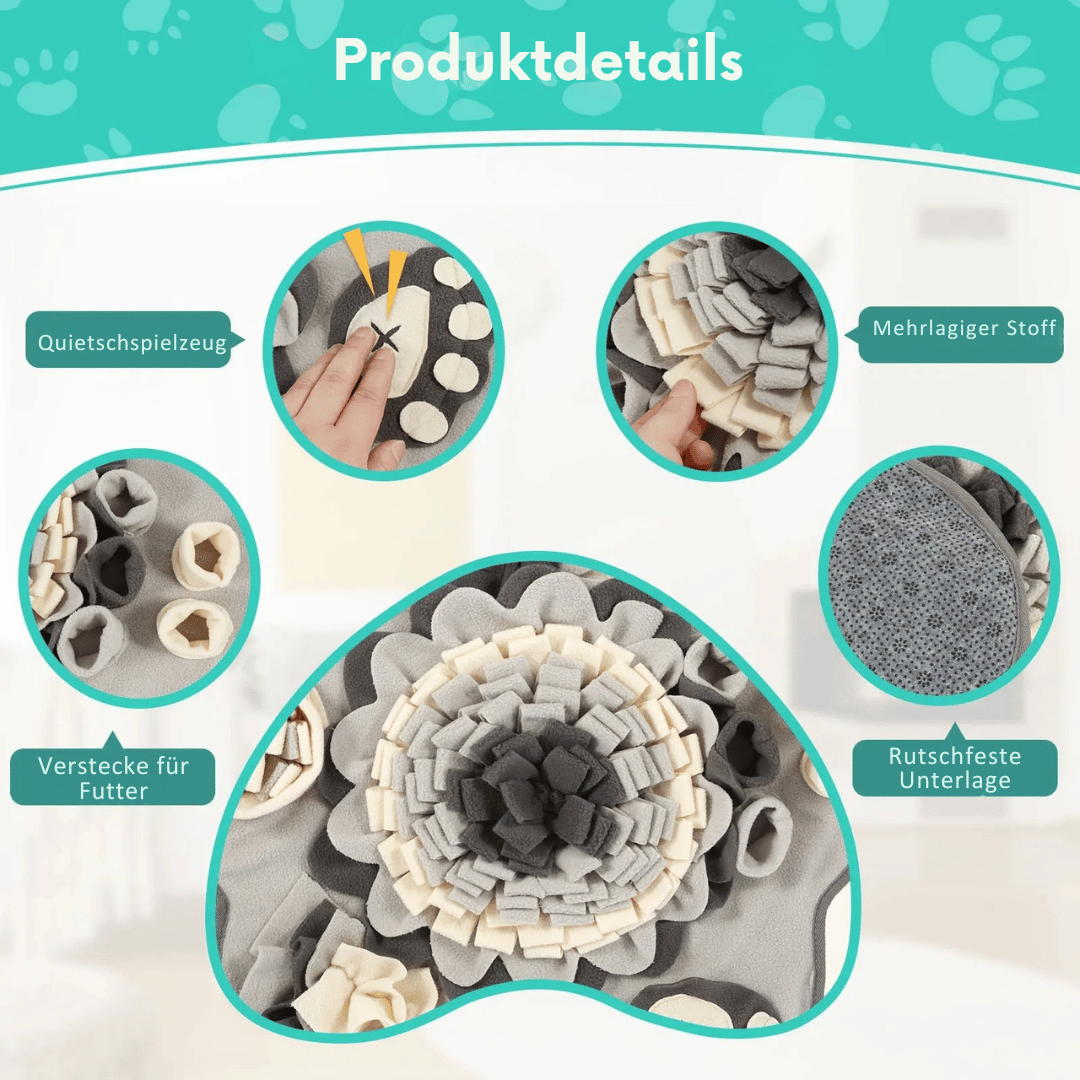 Schnüffelteppich für Hunde – Interaktive Trainingsmatte mit Quietschi & Leckerli - Verstecken - fellfunk.de