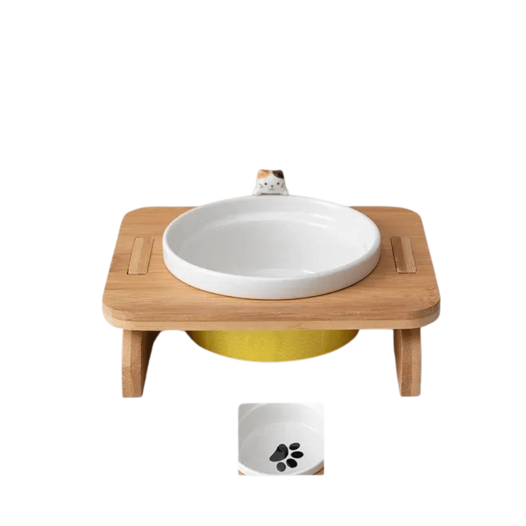FellFunk Katzen - Doppelnapf – Keramik Futternäpfe mit Holzständer, erhöht & ergonomisch für Wasser und Futter - fellfunk.de