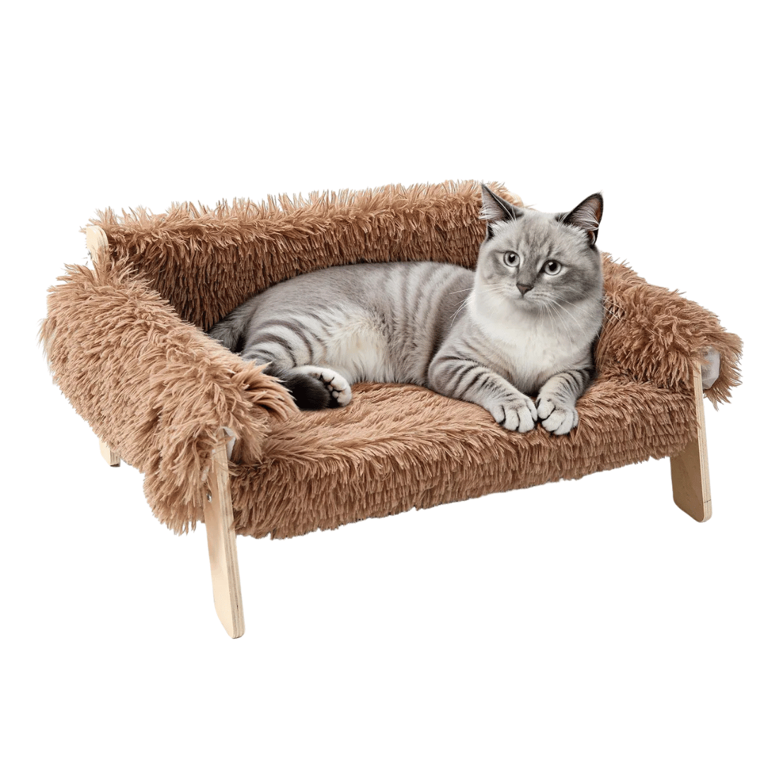 Katzen - Sofa – Erhöhtes Plüschbett mit stabilen Holzfüßen, weich & bequem für Wohnungskatzen, ideal zum Schlafen & Entspannen - fellfunk.de