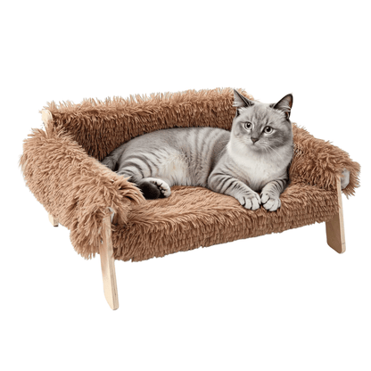 Katzen - Sofa – Erhöhtes Plüschbett mit stabilen Holzfüßen, weich & bequem für Wohnungskatzen, ideal zum Schlafen & Entspannen - fellfunk.de