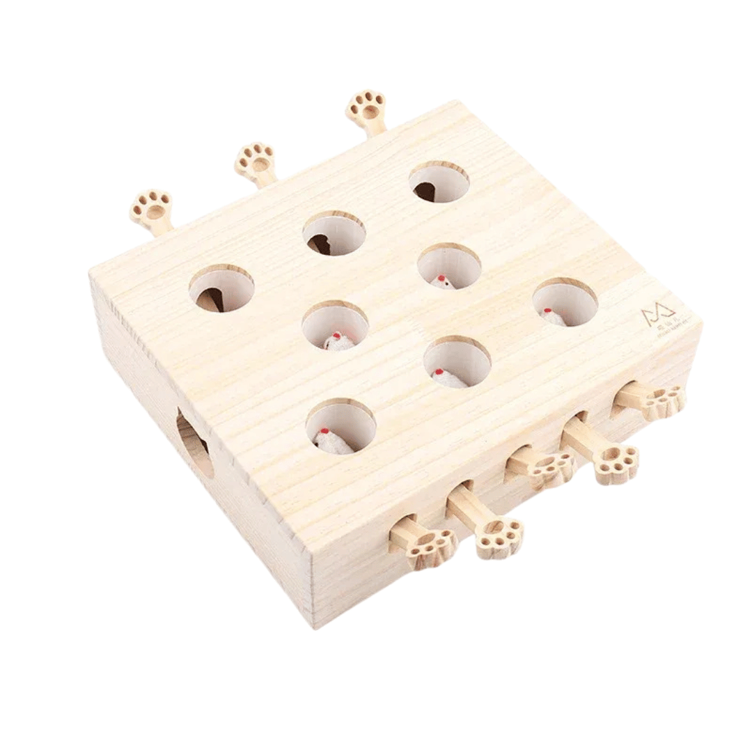 Fellfunk Holz - Spielbox „Whack - a - Mole“ – Interaktives Katzenspielzeug mit Mauselöchern zum Klopfen, Jagen & täglichen Jagdspaß drinnen - fellfunk.de