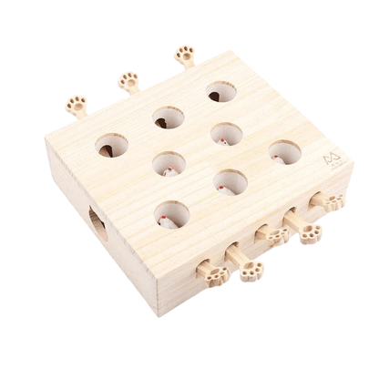 Fellfunk Holz - Spielbox „Whack - a - Mole“ – Interaktives Katzenspielzeug mit Mauselöchern zum Klopfen, Jagen & täglichen Jagdspaß drinnen - fellfunk.de
